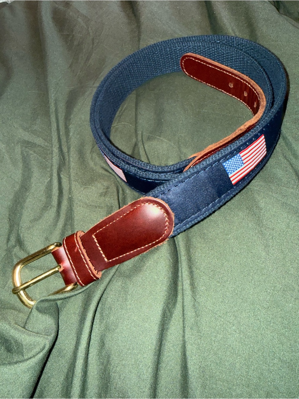 Classic Navy Canvas Belt with Leather Accents and American Flag